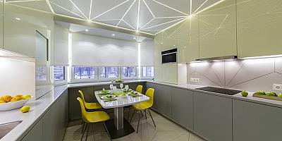 Натяжной потолок световые линии на кухню белого цвета 8 кв.м